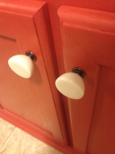 The knobs were purchased at Target of all places! $12.99 for a pack of four, about what you would pay if you purchased knobs individually at Lowes or H.D.
